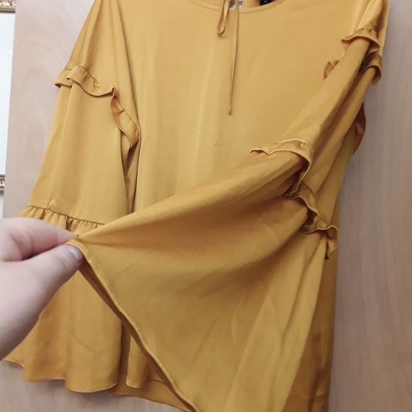 Yellow Ruffle Silky Peasant Boho Top Mustard - Picture 3 of 4